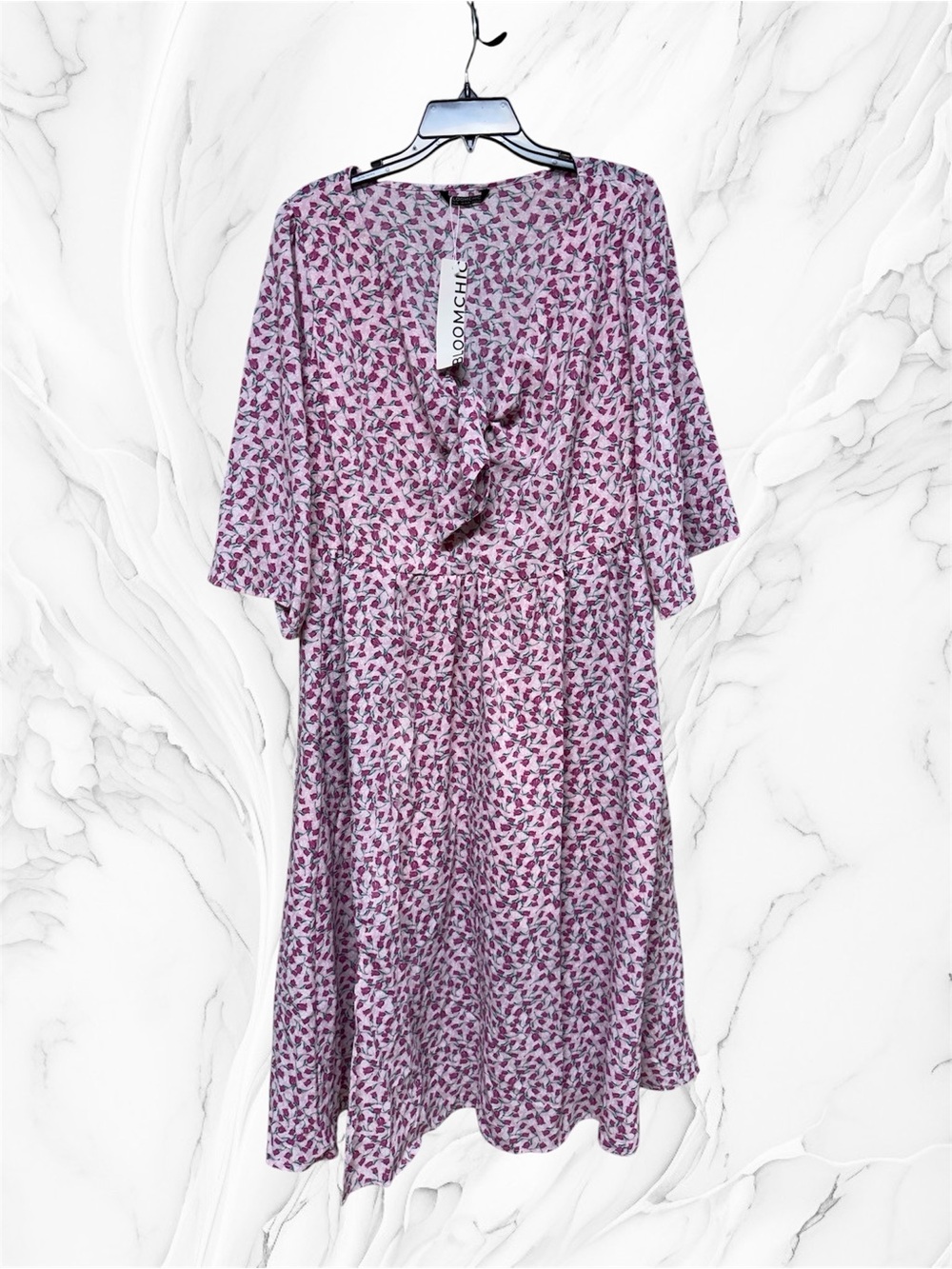 BloomChic pink and white ditsy floral print midi dress front tie size 14-16 NWT